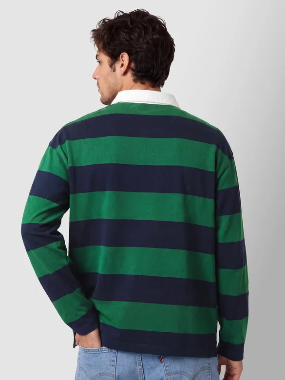Green-Navy  Striped Rugby Polo
