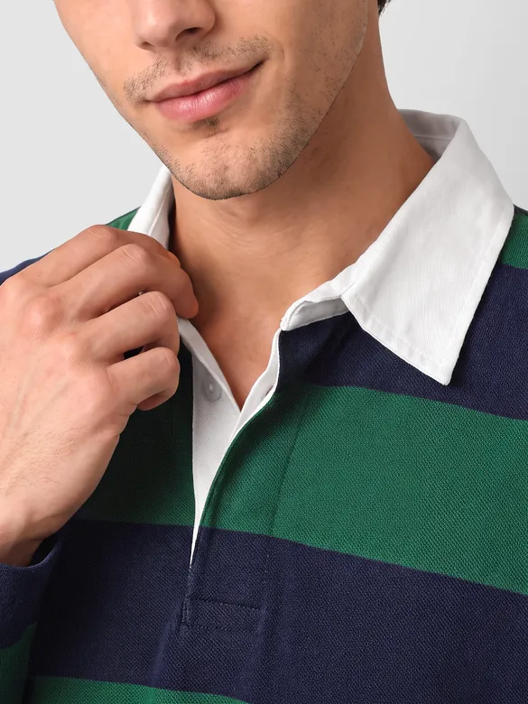 Green-Navy  Striped Rugby Polo