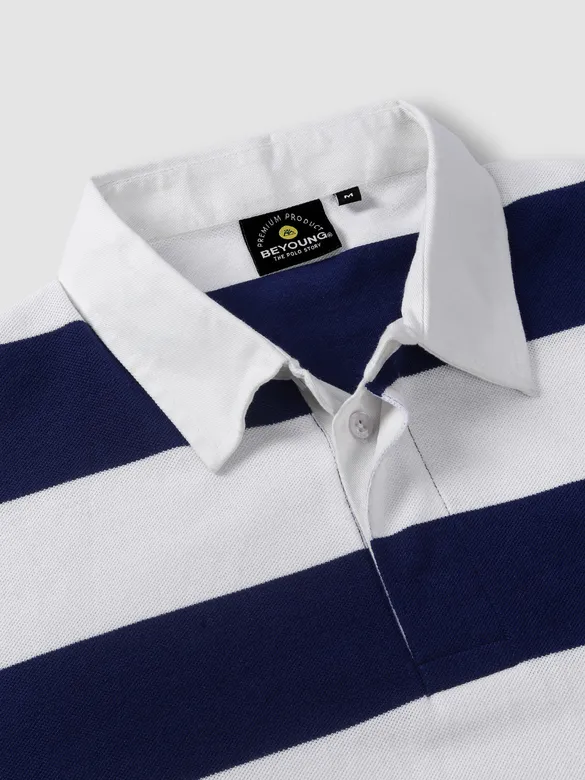 Navy Blue Striped Rugby Polo