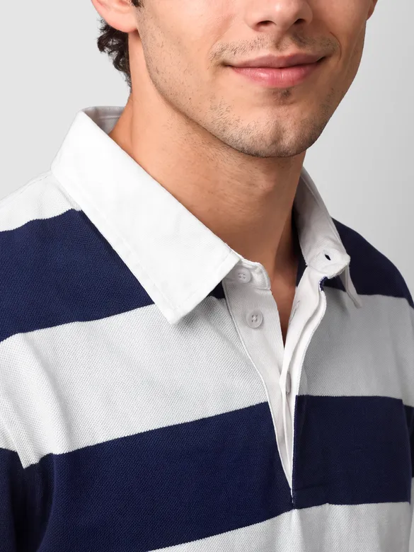 Navy Blue Striped Rugby Polo