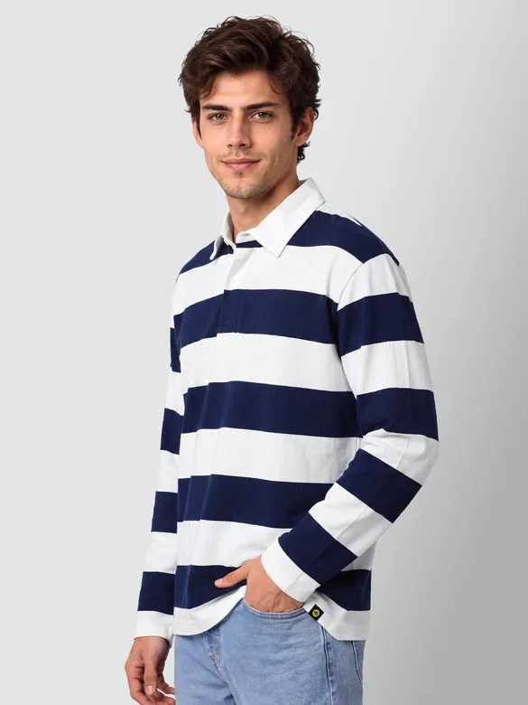 Navy Blue Striped Rugby Polo