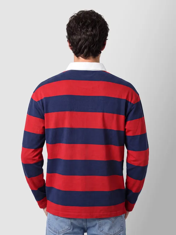 Red-Navy Striped Rugby Polo