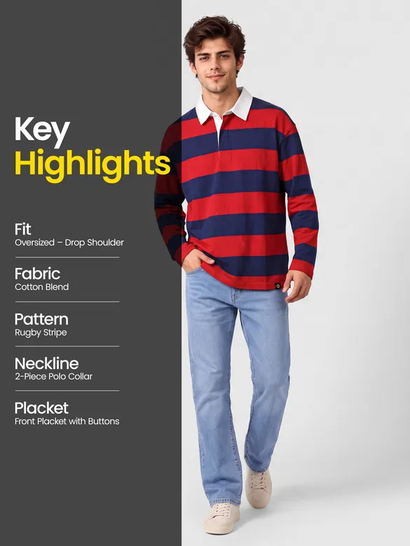 Red-Navy Striped Rugby Polo