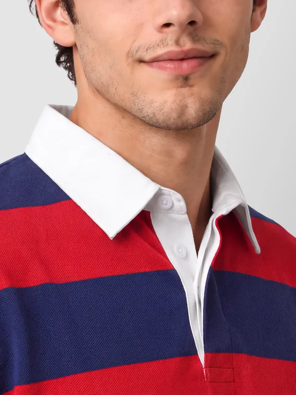 Red-Navy Striped Rugby Polo