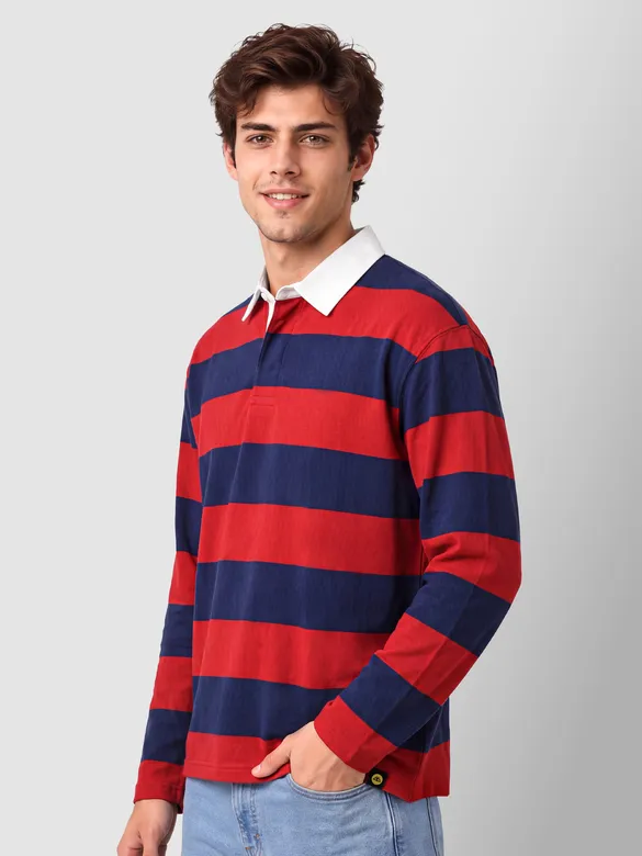 Red-Navy Striped Rugby Polo
