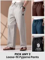 Mens pyjama pants - with fit available as loose-fit in different colors with text "Pick any 2" and "6 colors available" 