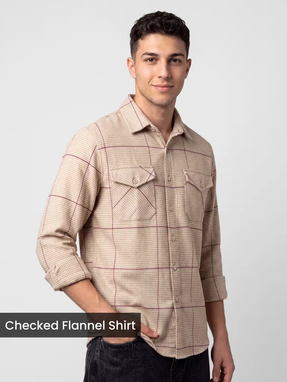 Beige Checked Flannel Shirt