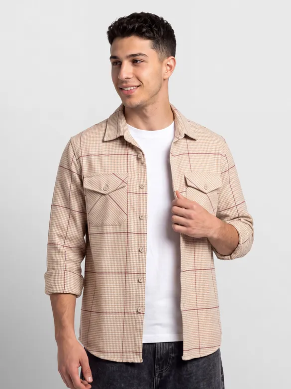 Beige Checked Flannel Shirt