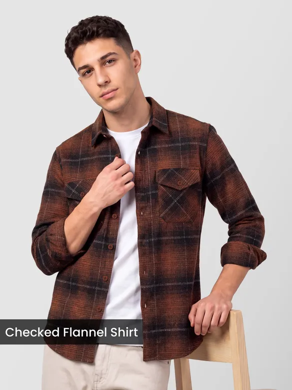 Copper Brown Checked Flannel Shirt