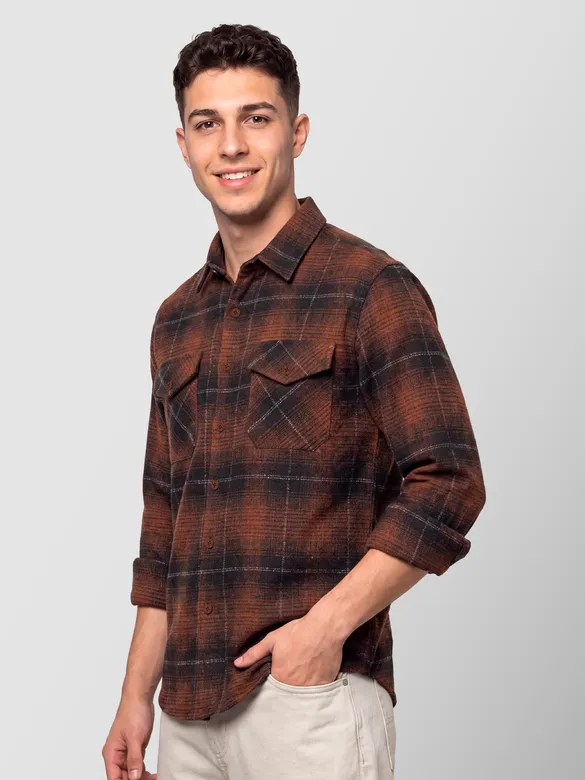 Copper Brown Checked Flannel Shirt