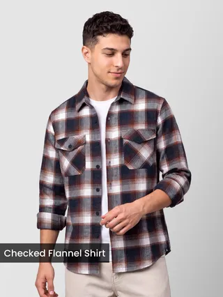 Navy Blue Checked Flannel Shirt