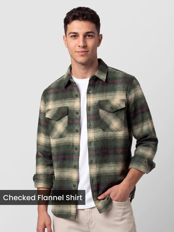 Olive Green Checked Flannel Shirt 