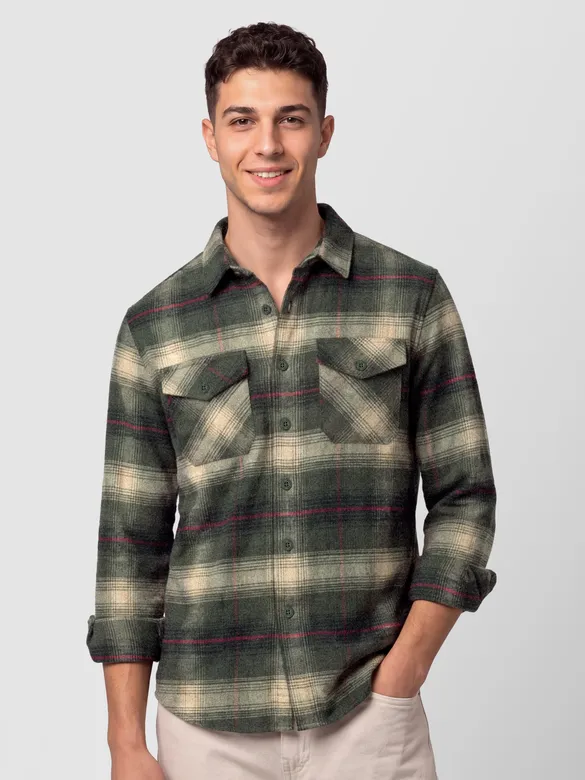 Olive Green Checked Flannel Shirt