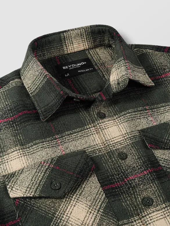 Olive Green Checked Flannel Shirt