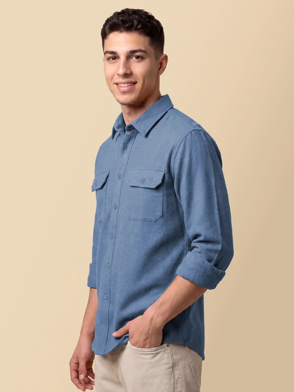 Denim Blue Recycled Solid Flannel Shirt