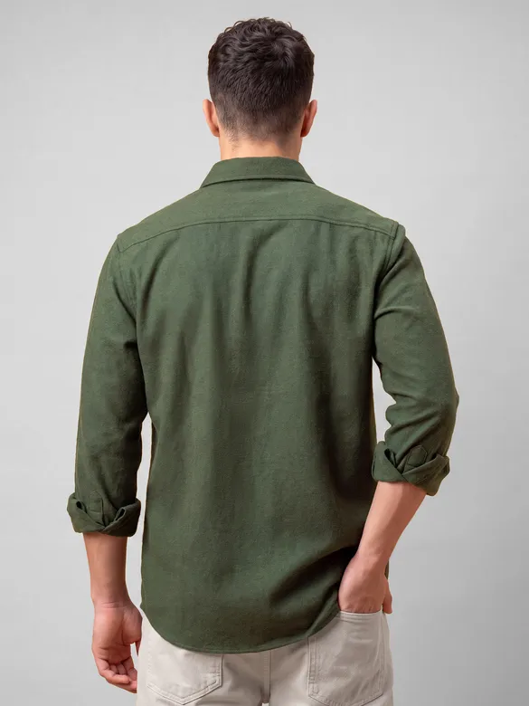 Olive Green Recycled Solid Flannel Shirt 