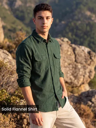 Olive Green Recycled Solid Flannel Shirt 