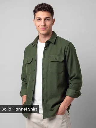 Olive Green Recycled Solid Flannel Shirt 