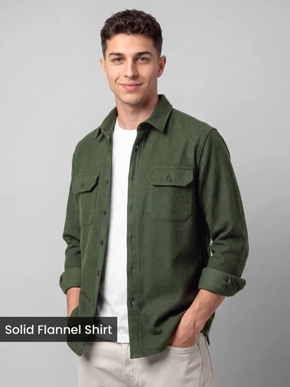 Olive Green Recycled Solid Flannel Shirt 