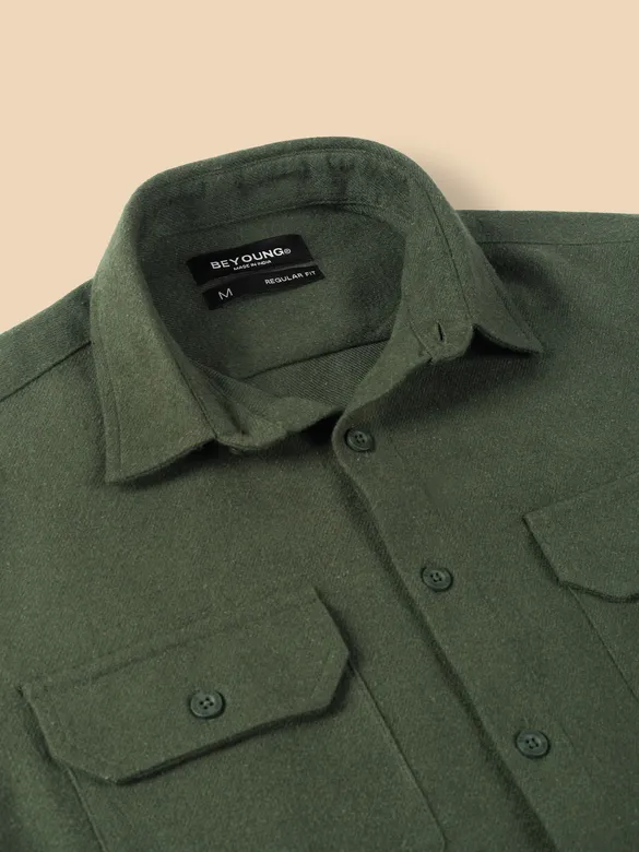 Olive Green Recycled Solid Flannel Shirt 