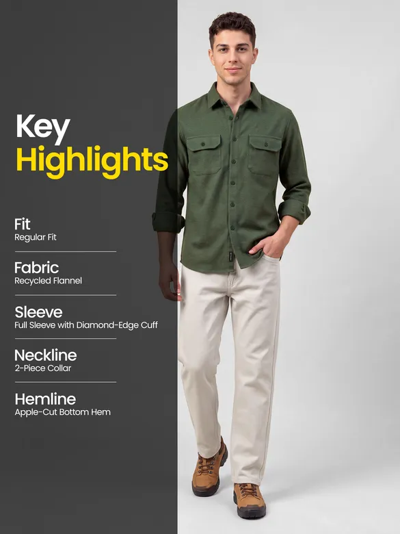 Olive Green Recycled Solid Flannel Shirt 
