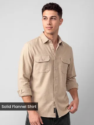 Beige Recycled Solid Flannel Shirt 