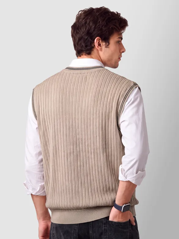 Beige Knit V-Neck Vest