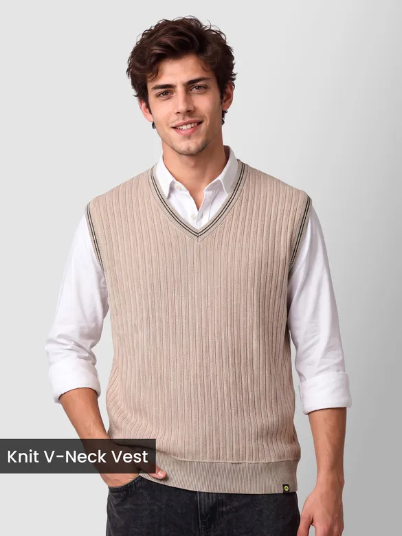 Beige Knit V-Neck Vest