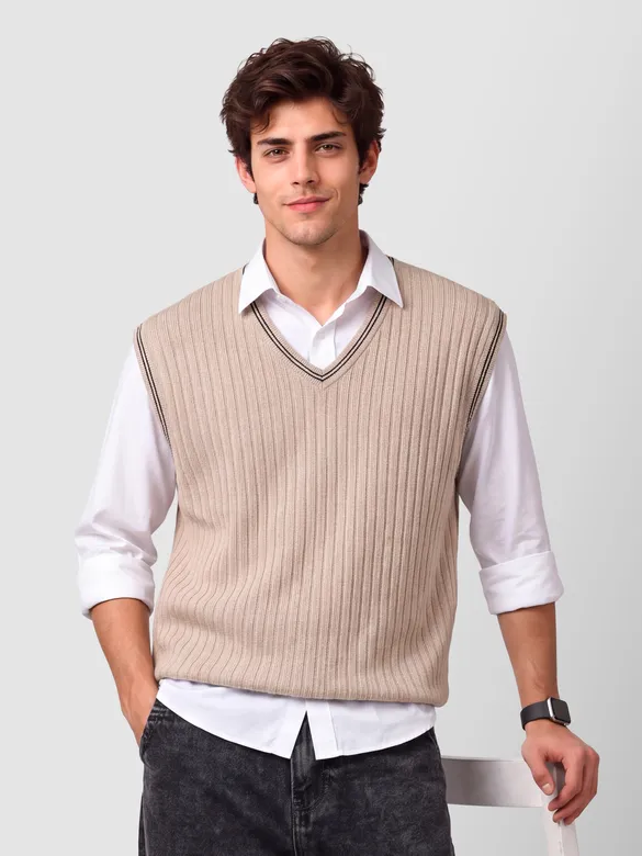 Beige Knit V-Neck Vest