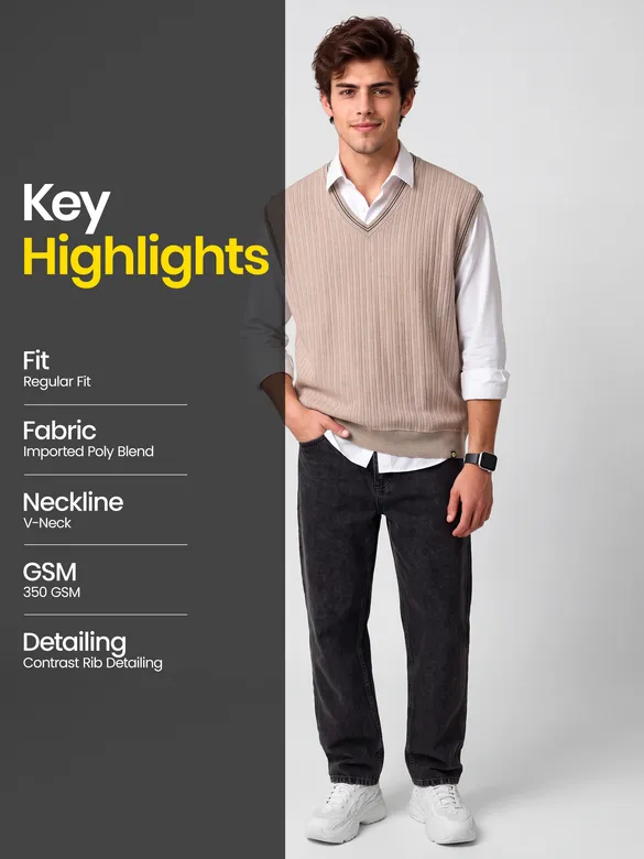 Beige Knit V-Neck Vest