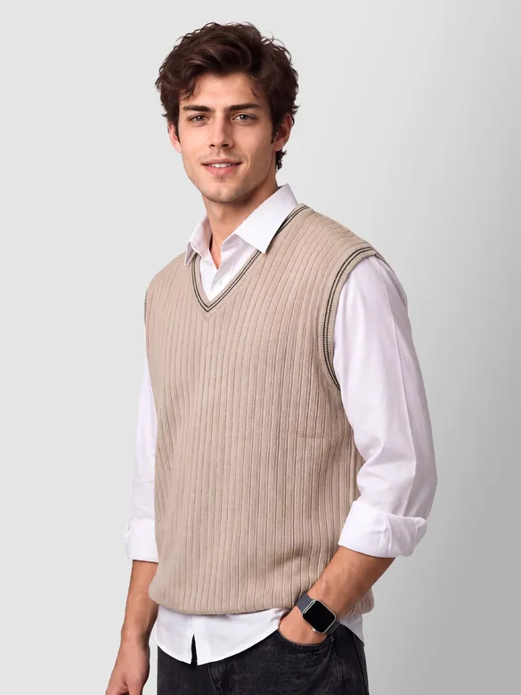 Beige Knit V-Neck Vest