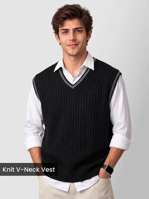 Black Knit V-Neck Vest