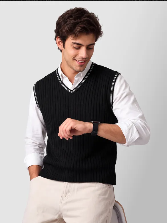 Black Knit V-Neck Vest