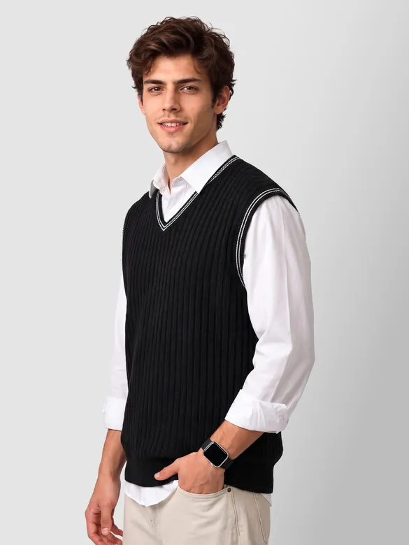 Black Knit V-Neck Vest