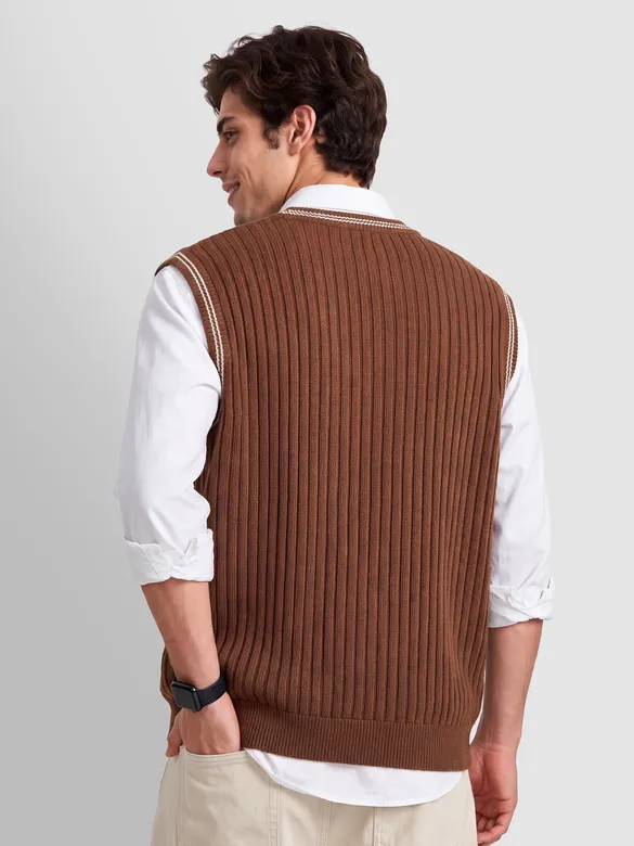 Brown Knit V-Neck Vest