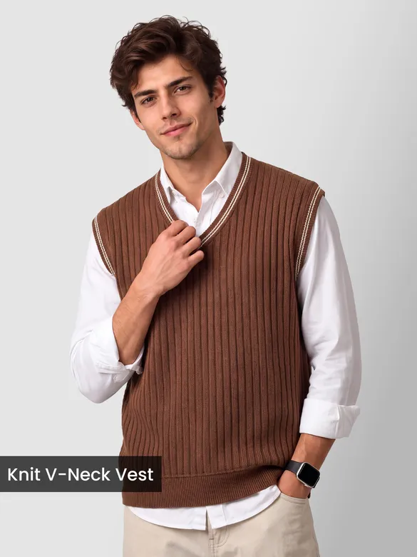 Brown Knit V-Neck Vest