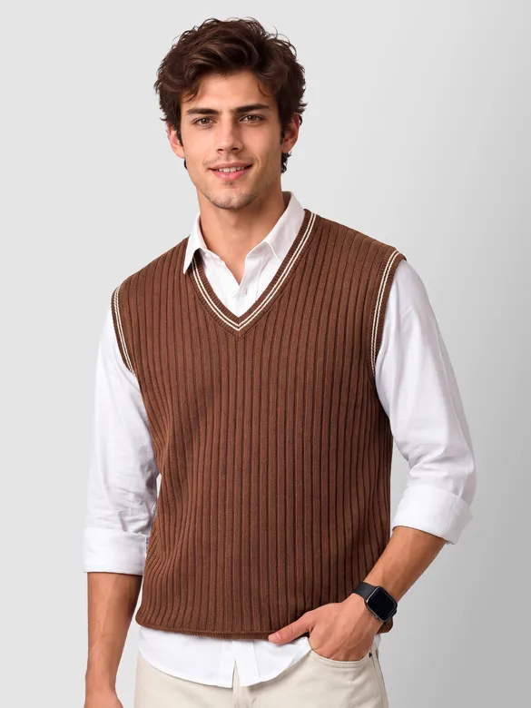 Brown Knit V-Neck Vest