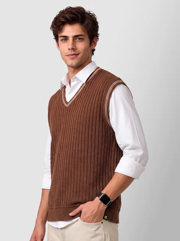 Brown Knit V-Neck Vest