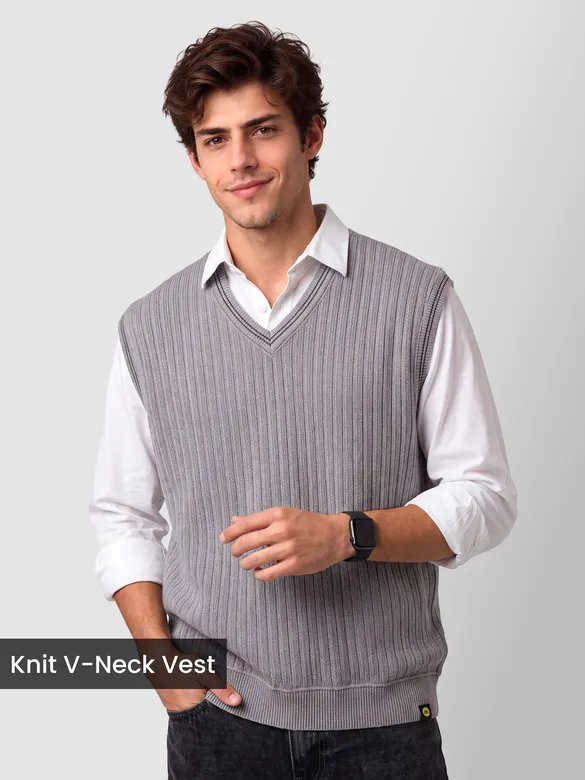 Grey Knit V-Neck Vest
