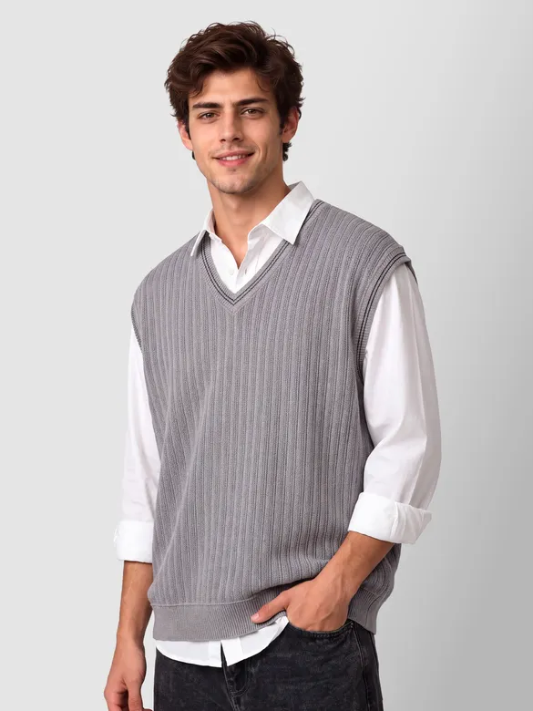 Grey Knit V-Neck Vest