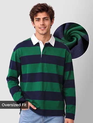 Green-Navy  Striped Rugby Polo