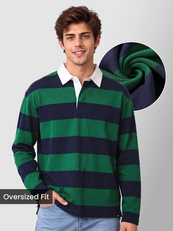 Green-Navy  Striped Rugby Polo