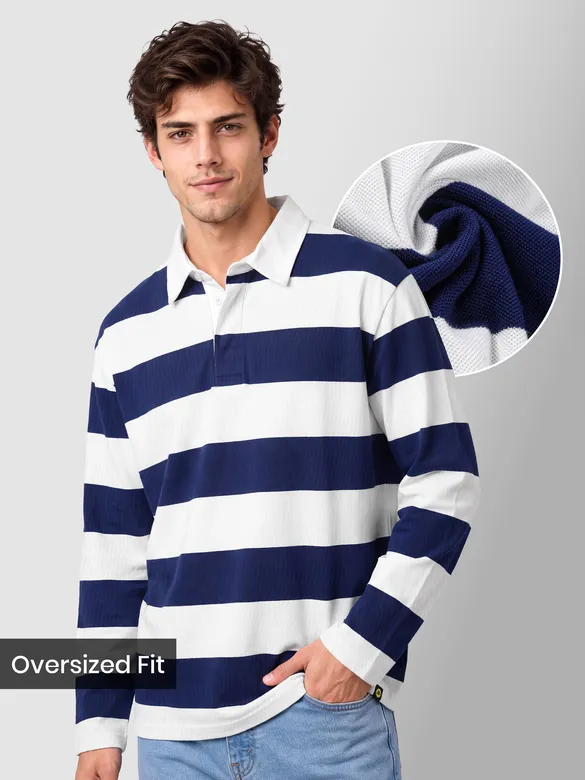 Navy Blue Striped Rugby Polo