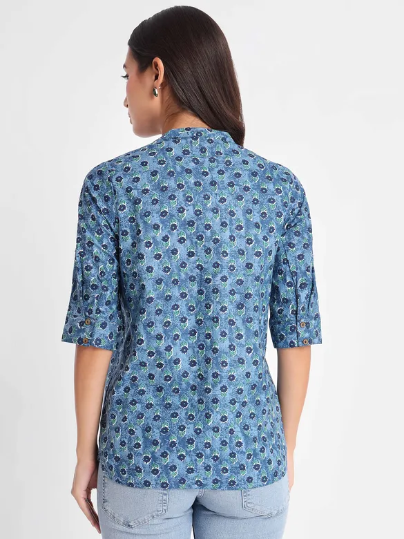 Blue Floral Print Straight Short Kurti