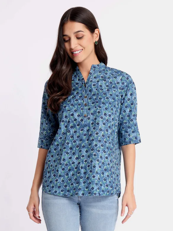 Blue Floral Print Straight Short Kurti