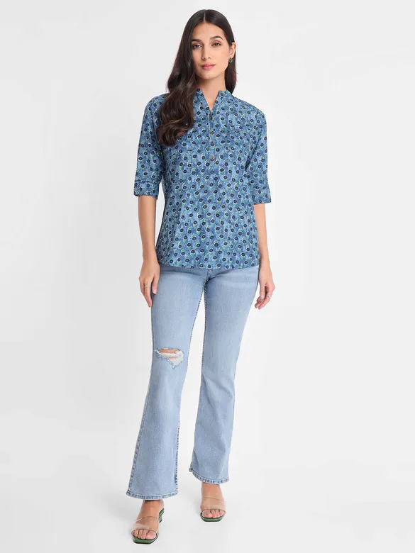 Blue Floral Print Straight Short Kurti