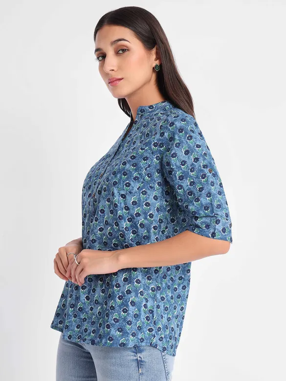 Blue Floral Print Straight Short Kurti