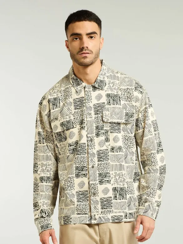 Dark Green and Beige Cotton Print Shacket