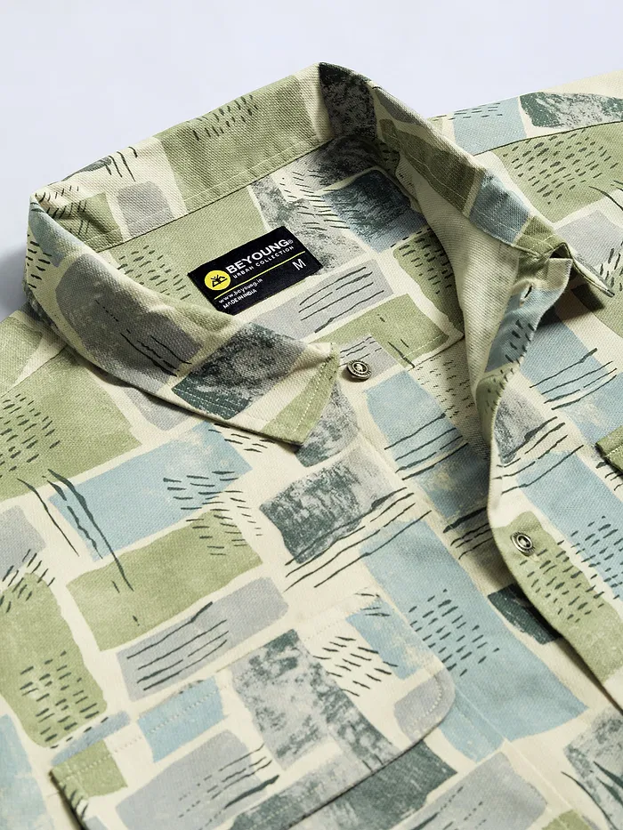 Green and Beige Cotton Abstract Shacket