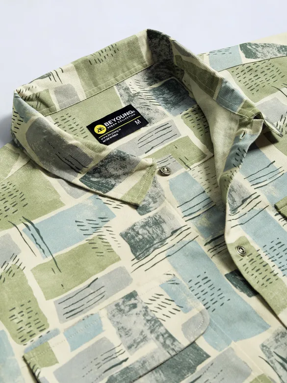Green and Beige Cotton Abstract Shacket
